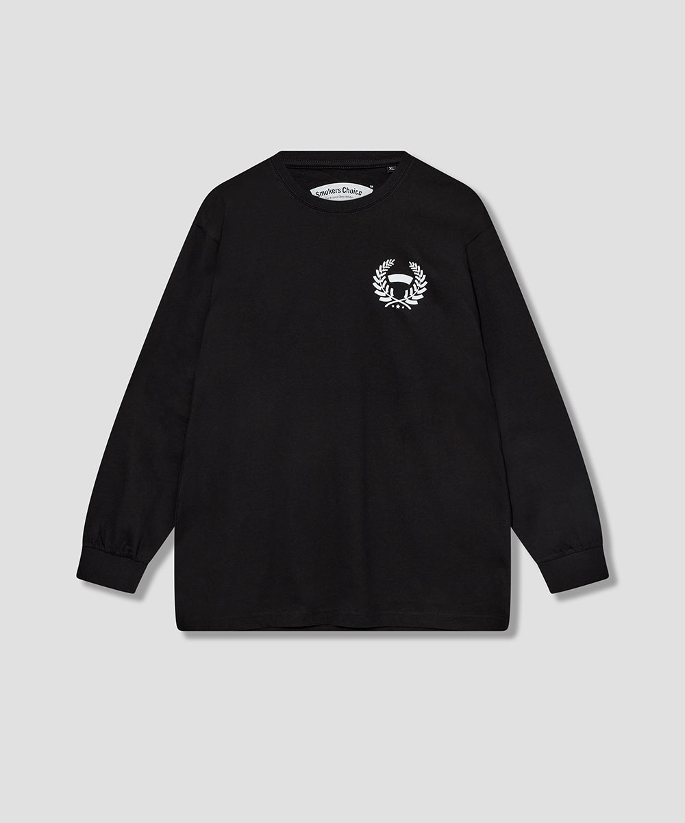 BLACK T-shirt with long sleeve with SmokersChoice LAUREL logo in WHITE
