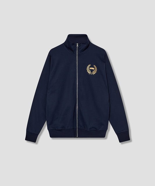 Navy BLUE Mens Zip Sweat with SmokersChoice LAUREL logo in Gold