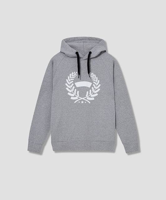 Grey Sport Hooded Sweat with full size SmokersChoice LAUREL logo in WHITE