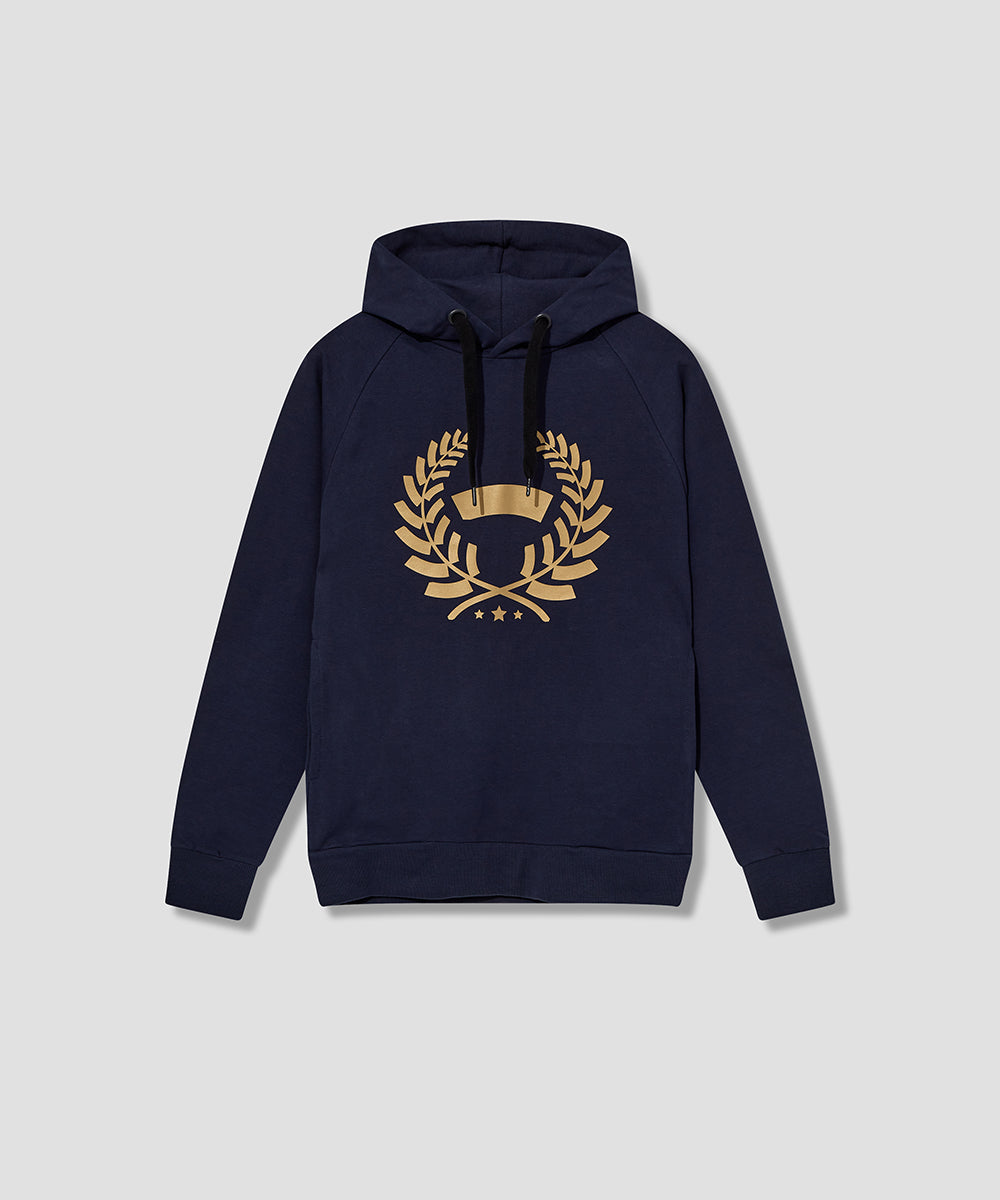 Navy BLUE Sport Hooded Sweat with full size SmokersChoice LAUREL logo in GOLD