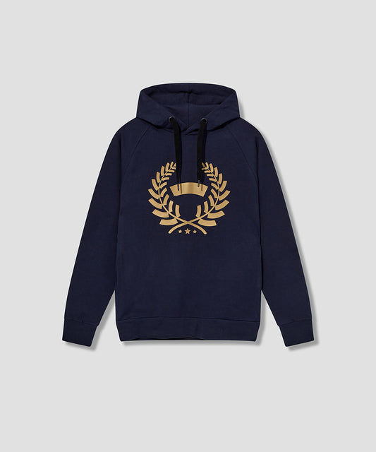 Navy BLUE Sport Hooded Sweat with full size SmokersChoice LAUREL logo in GOLD