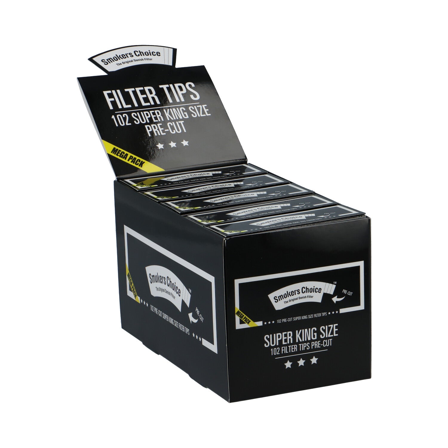 Smokers Choice Filter Tips Black Pre-Cut Super King Size Mega Pack Box open